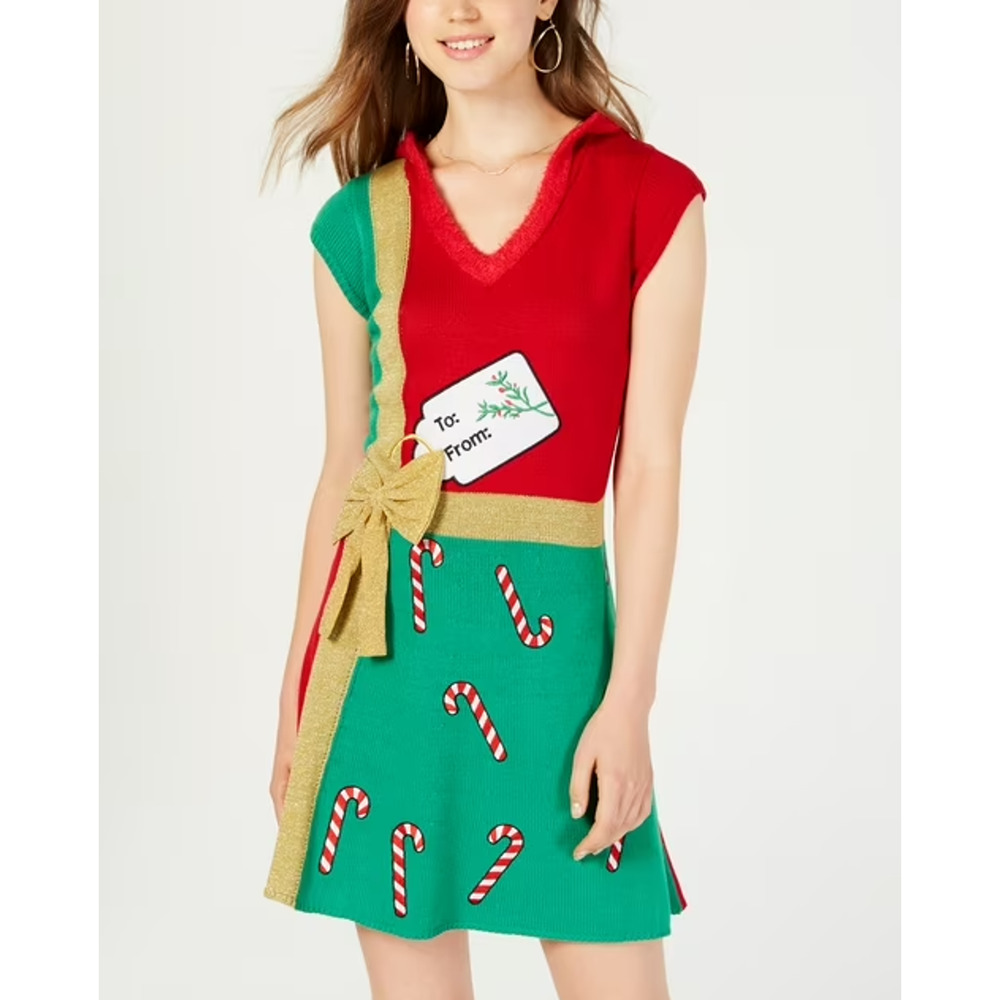 Hooked Up by IOT Red Christmas V-Neck Knit Hooded Sweater Dress Womans Sz Large